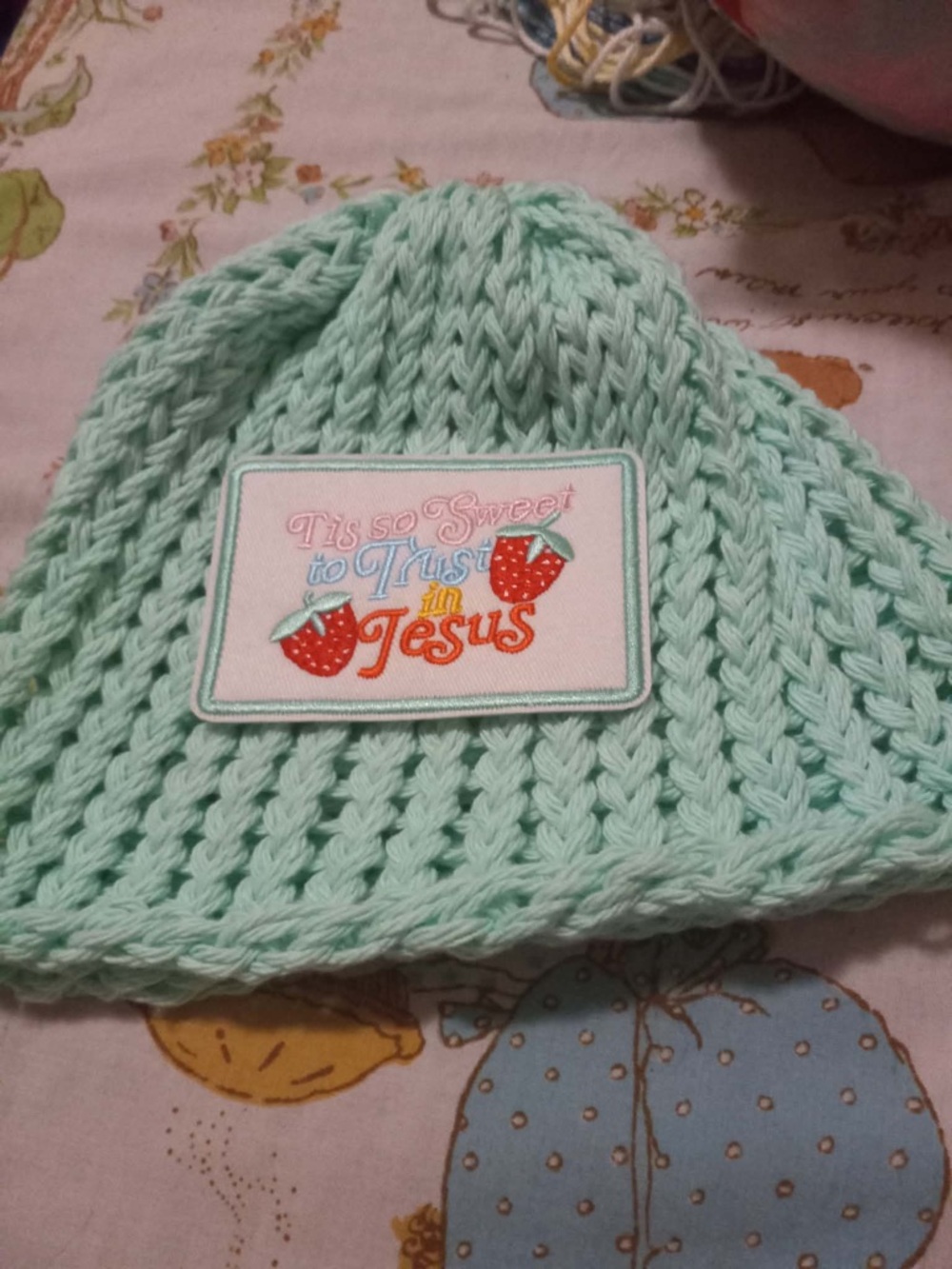 Adults Mint Knit Beanie Hat with Strawberry Patch